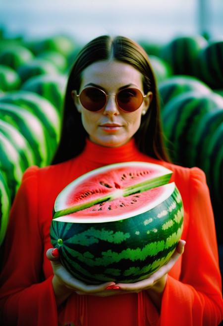 A cinematic still, brunette bombshell holding her alien watermelon baby, Leica M3, film grain