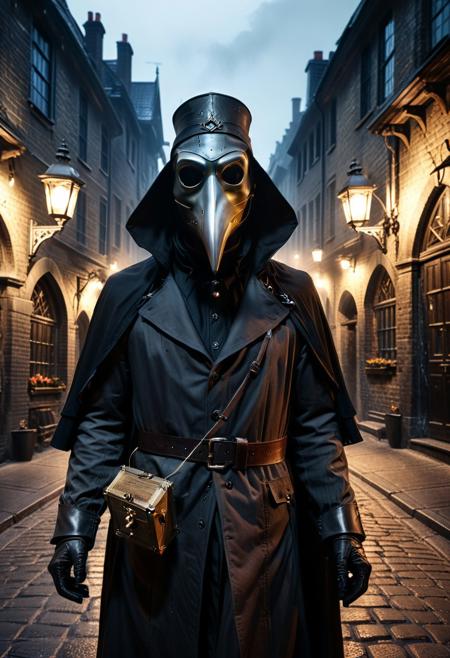 score_9, score_8_up, score_7_up, score_6_up, score_5_up, score_4_up, (absurdres, best quality, masterpiece:1.4), illustration, photorealistic, cinematic lighting, dynamic angle, perfect composition, mask, plague doctor mask, dark cloak, old city streets, dimly lit, gothic architecture, lantern light, foggy atmosphere, eerie, historical