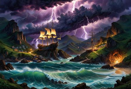 Oil pastel landscape scene where sea waterspout storm with lightning is the focal point. The storm dominates the skyscape while in the foreground a tall pirate sailboat in a steep mountain pass. ((Highest quality: 1.0), (High resolution: 1.0), (masterpiece: 1.0), beautiful and aesthetic: 1.3), extremely detailed, colorful, very detailed, ((ultra-detailed)), (highly detailed CG illustration), ((Dark and purple hues, shadow, mysterious,)),