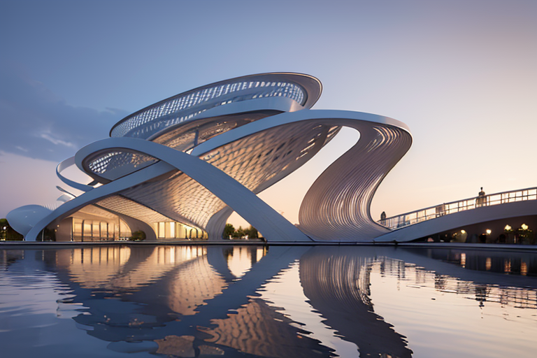 masterpiece,  best quality,
The building looks like a giant twisted ribbon, curving and looping around itself. It is made ...