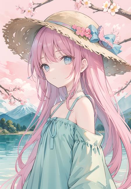 {masterpiece},{best quality},{{illustration}},
(watercolor:1.2),
cute 1girl,straw hat,flowers,
pink hair,blue eyes,very long hair,aqua eyes,flat chest,
closed mouth,faint smile,
(blue dress:1.3),bare shoulders,bow,
upper body,from side,
BREAK
(depth of field:1.4),bare tree,spring,(cherry_blossoms1.4),branch,bare stones,mountains in the distance,lake,cloud,
zentangle background,scenery,pink and blue sky,spring light,<lora:necopul-000006:1>,