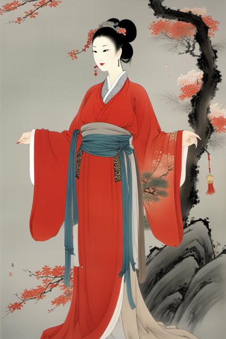 LU,1girl,solo,black hair,flower,sash,chinese clothes,hair bun,full body,hanfu,branch,red lips,long sleeves,standing,hair ornament,makeup,wide sleeves,single hair bun,holding,updo,closed mouth,tassel,lipstick,closed eyes,tree,grey background,red dress,Chinese Hanfu,