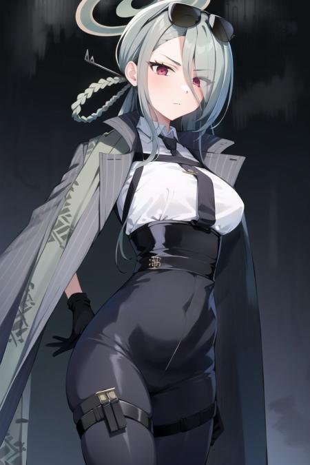 <lora:Konoe Minav2 :0.8>, konoe mina, 1girl, solo, long hair, breasts, looking at viewer, bangs, shirt, red eyes, gloves, closed mouth, white shirt, braid, grey hair, necktie, black gloves, collared shirt, coat, halo, sunglasses, black necktie, eyewear on head, asymmetrical bangs, simple background