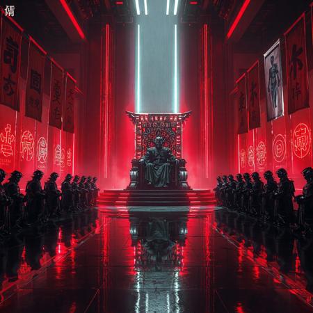 Sketch of TONTON REVOLVER - ArtStation. A line of powerful envoys, augmented nobles, and masked corporate lords kneel in silence before the towering Cyber Shogun seated on his glowing throne.
The throne room pulses with deep red and cold white neon, casting long shadows over the polished obsidian floor.
AI-controlled banners ripple with animated imperial glyphs.
The Shogun, emotionless and supreme, watches from above — flanked by twin sentry drones and armored retainers.
The atmosphere is ceremonial, terrifying, elegant: cyberpunk feudalism meets hypermodern statecraft.
Ultra-detailed, cinematic lighting, high-tech royalty, cyberpunk Japan, intense contrast, sharp reflections, futuristic luxury, 8K realism.