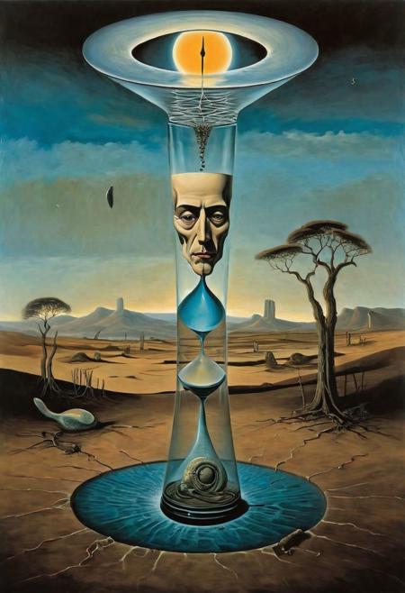 a painting featuring surrealism of hour glass and a human face, serene, time, space chiaroscuro, smooth, hyper detailed, Max Ernst, Rene Magritte, Salvador Dali