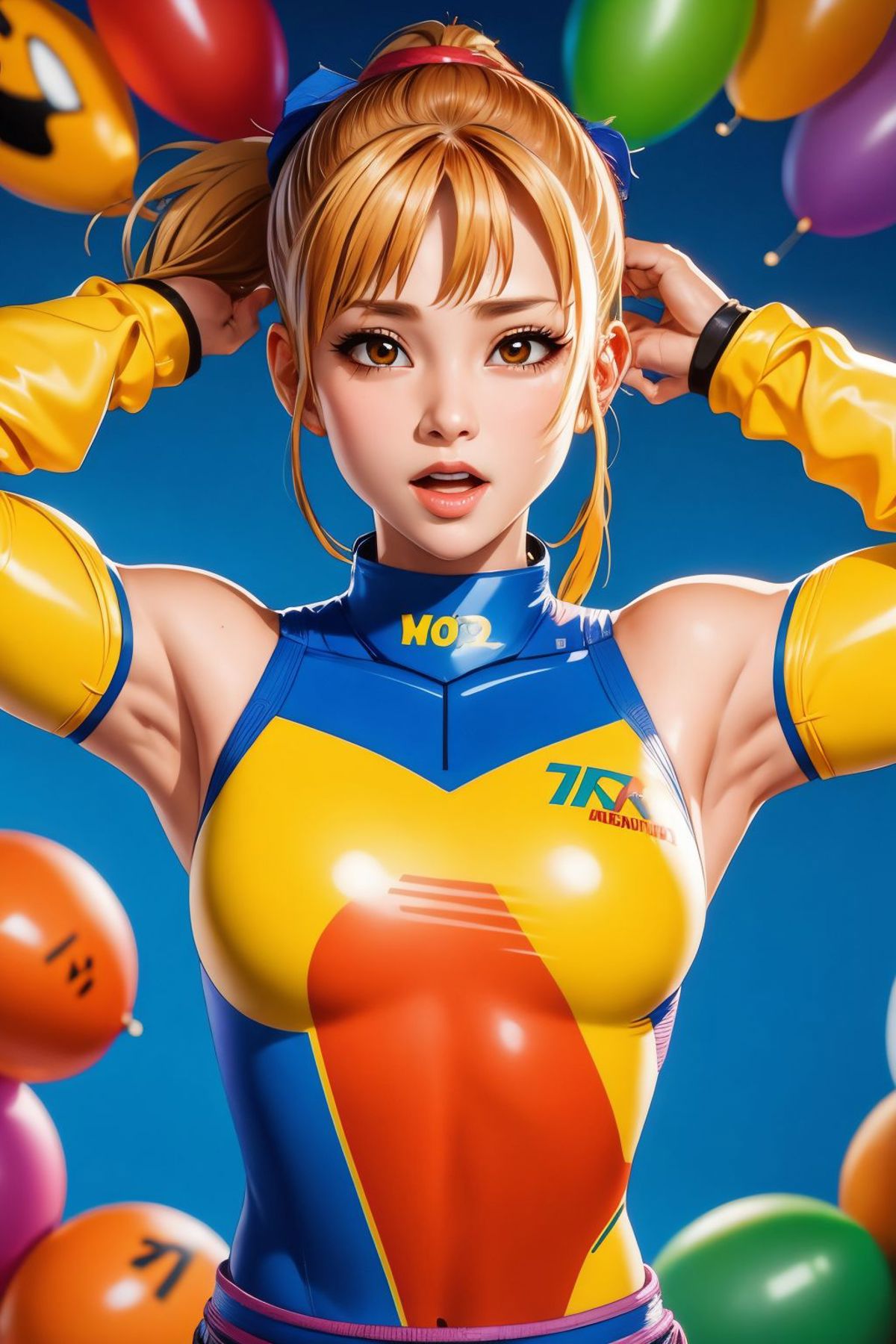 Anime-style illustration of a girl in a tight, blue and yellow bodysuit.