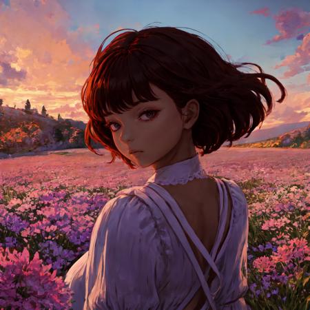 beautiful, 1girl,  <lora:tezy8 - Tezy8 Style-000006:0.7>, floating hair, short hair, white dress, flower field, bored,