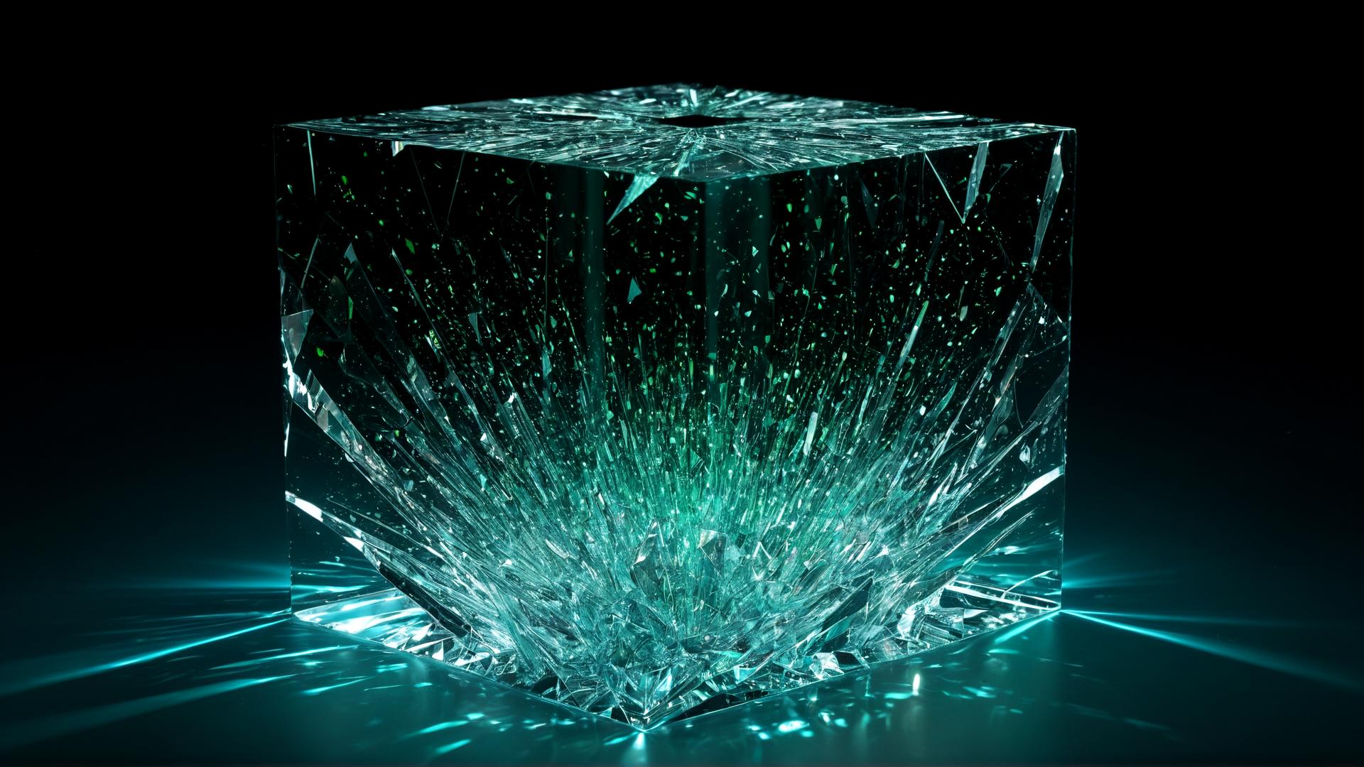 A shattered glass cube, with shards floating in mid-air. Each shard reflects soft blue and green light, casting tiny beams of light across the scene. The background is a deep black void, with subtle light beams cutting through., Photorealistic, Hyperrealistic, Hyperdetailed, analog style, soft lighting, subsurface scattering, realistic, heavy shadow, masterpiece, best quality, ultra realistic, 8k, golden ratio, Intricate, High Detail, film photography, soft focus