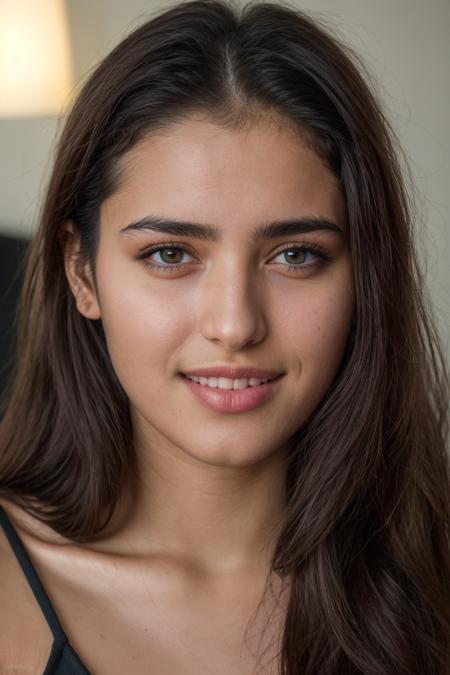 portrait photo, 20 yr old pakistani woman, (Skin texture style:1.1), (Detailed skin:1.1), (Skin pore:1.1),  <lora:skin texture style sd1.5 v1:0.7>, , black hair, (dark brown eyes:1.2), knowing smile,  bedroom, night, RAW photo, 8k uhd, dslr, soft lighting, high quality, film grain, Fujifilm XT3