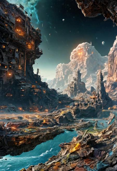 space fortress orbiting an asteroid belt