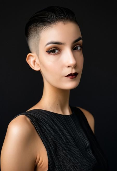 22 yrs Beautiful woman,  Dark Black extreme undercut pixie haircut hair, (hair slicked down and combed in right-side part), ((skin fade)), dark shaved sides and back of head, Flowing sleeveless Dress, (close-up, editorial photograph), [[Wide-angle photo]], (background inside dark, moody, private study:1.3), full body portrait, by lee jeffries, nikon d850, film stock photograph, 4 kodak portra 400, camera f1.6 lens, rich colors, hyper realistic, lifelike texture, dramatic lighting, cinestill 800, eye contact, faint smile,
