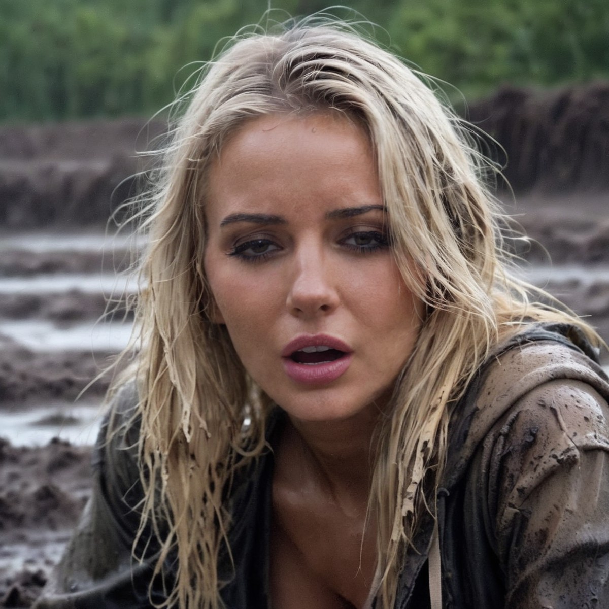 a photo of a bombshell blonde woman, orgasmface, wearing tattered clothes, ripped clothes, torn, soaking wet, tattered, po...