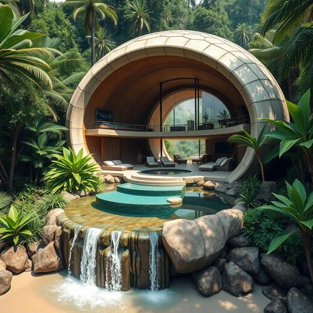 A futuristic concrete woden spherical baboo  modern house with swimigpool on a waterfall inspired from a famous architect, with exotic luxuriant vegetation around, in a tropical jungle setting, near a beach, photorealistic, a masterpiece, 4K, high details, view from close, wide lenses camera