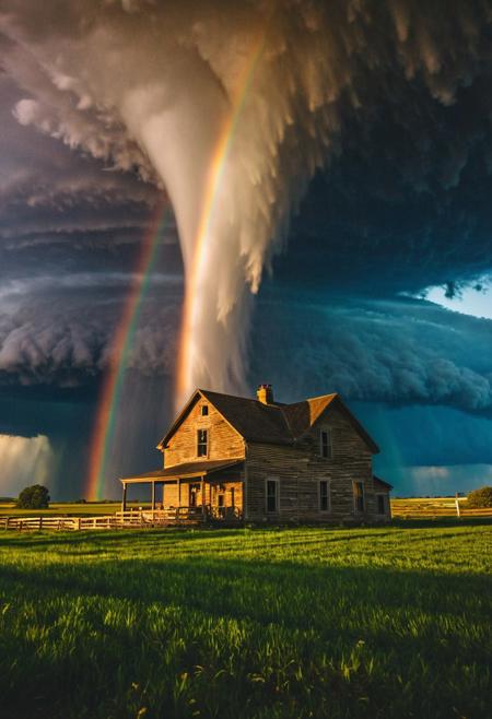 portrait, masterpiece, 4k, ray tracing, intricate details, highly-detailed, hyper-realistic, 8k RAW Editorial Photo.
A giant tornado looming over an old farmhouse, with a vibrant rainbow twisted around the tornado, in the style of National Geographic photography. Very detailed, vibrant colors, the tornado has sucked the rainbow up.
cinematic light, dramatic light, shallow depth of field,  high budget, bokeh, cinemascope, film grain,