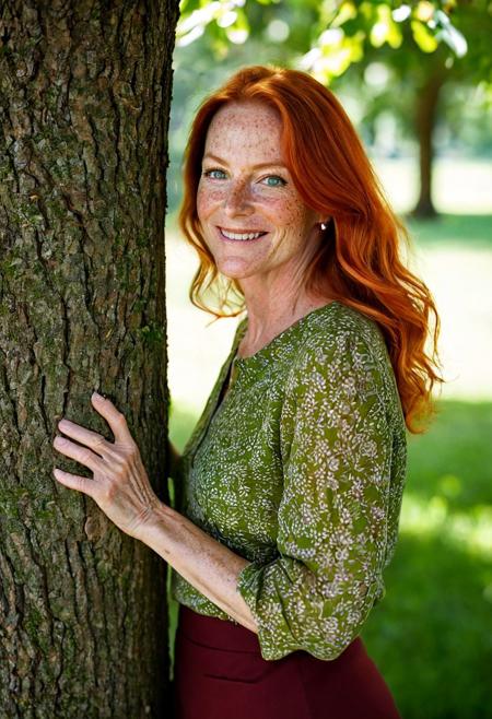 This is a photograph of a 50 year old woman with freckles, from behind, leaning up against a tree and looking over her shoulder, smiling at the viewer with her green eyes. She stands in a grassy field with trees in the distance on a bright sunny day.  The sleeves on her (dark red blouse:1.1) are rolled up and she wears a long, (black skirt:1.1). Her long orange hair is wavy and hangs low on her back.  vivid colors, casting shadow style, perfect eyes, extremely intricate details, masterpiece, epic, clear shadows and highlights, realistic, intense, enhanced contrast, highly detailed skin, f/2.8, bokeh, DarkFantasy