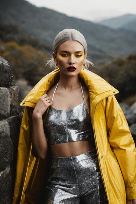 a woman, grey and yellow, fashion editorial