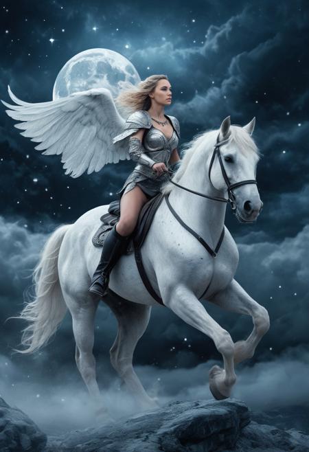 high resolution digital image of a Valkyrie riding a white horse through a cloudy, night sky. Below her a majestic landscape of fire and ice, The background is a mix of dark clouds and a starry sky with a crystal clear moon, creating a dramatic and surreal atmosphere. The overall colour palette is dominated by shades of blue, white, and black, enhancing the otherworldly and mystical theme of the artwork.
