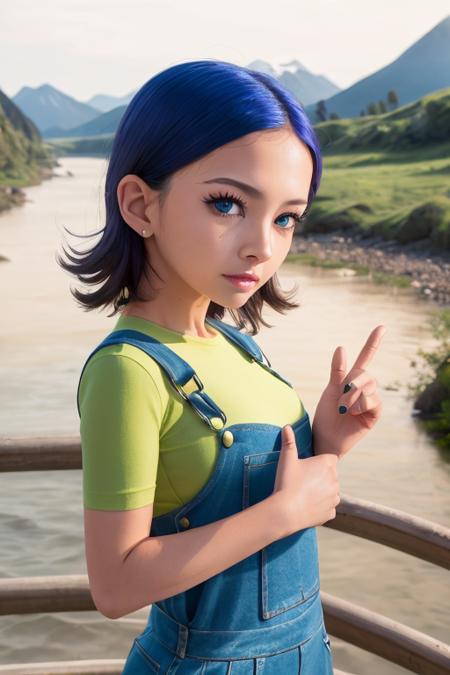 1girl, aksn_cs, blue eyes, short hair, blue hair, ahoge, bangs, forehead, blue overalls, green shirt, standing, looking at viewer, mountain, river <lora:aiko-senoo-casual:1>