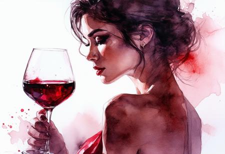 Realistic ink illustration, translucent watercolour washes, subtle charcoal shading. Intimate close-up, slight low-angle: an enigmatic woman poises a crimson wineglass. Piercing backlight ignites the ruby liquid, casting vibrant carmine refractions across her luminous skin. Dramatic chiaroscuro sculpts her features against velvet shadows. Palette: deep crimsons, velvety blacks, warm skin. Glistening crystal, meticulous detail. Atmosphere: intimate contemplation, mysterious allure; subtle dust motes dance in the focused beam. Her expression: a knowing, enigmatic glance.