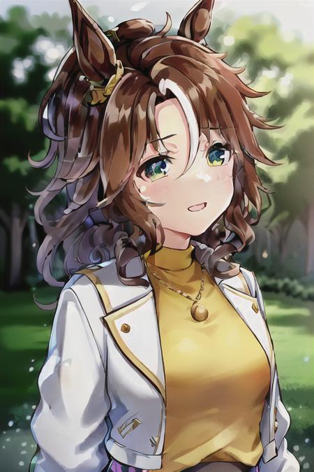 original, an extremely delicate and beautiful, extremely detailed CG unity 8k wallpaper, highlight, sharpening, dynamic, bokeh, (depth of field), dramatic illumination,

umamusume,   <lora:Mejiro Palmer:0.8>, brown hair, animal ears, horse ears, hair_ornaments, white jacket, yellow shirt