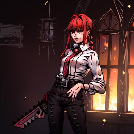 makima \(chainsaw man\), 1girl, absurdres, bangs, indoors, black necktie, black pants, braid, braided ponytail, collared shirt, cowboy shot, highres, long hair, long sleeves, necktie, red hair, ringed eyes, shirt, sidelocks, solo, uniform, white shirt, yellow eyes, small breasts, darkest dungeon <lora:NecroSketcherAlpha:0.8> <lora:makimaChainsawMan_offset:0.45>