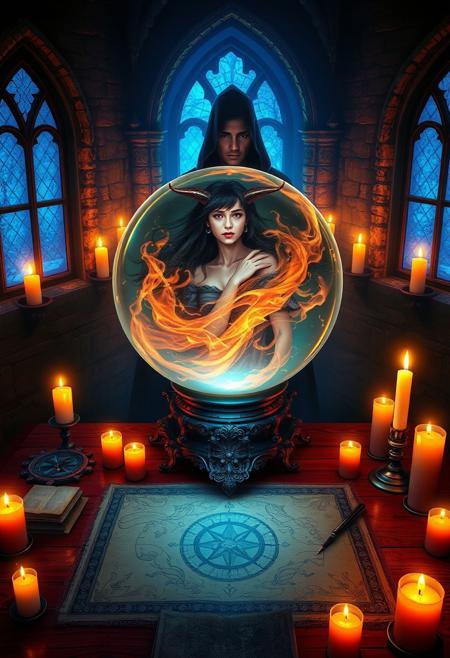 Image is a digital fantasy artwork featuring a mystical, dimly lit room with a gothic style. The layout centres around a large, glowing crystal ball on an ornate stand, surrounded by numerous lit candles casting flickering shadows. Inside the crystal ball, a female figure with horns and dark hair emerges from swirling flames, her expression enigmatic. A hooded figure with a focused expression stands behind the ball, partially obscured by shadows, wearing a dark robe. The room's stone walls are adorned with arched windows, through which a blue ethereal light streams. A detailed map with a compass rose lies on the wooden table beneath the crystal ball, alongside open books and a quill, suggesting a scene of magical study or summoning. The overall color palette is dominated by warm oranges and cool blues, creating a dramatic contrast.