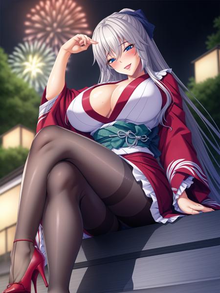 <lora:Mikoshiba_Shuri_lorav5:0.7>,
best quality, (8k), (4k),(Masterpiece), (Best Quality), extremely detailed, game cg, intricate, hyper detailed, illustration, 
(1girl:1.2), milf, (mature female:1.3), festival, fireworks, night, outdoors, (from below),
blush,
(black pantyhose), frilled kimono, frills, japanese clothes, kimono, long sleeves,  red kimono, ribbon, sash, striped, striped ribbon, wide sleeves, yukata, (cleavage), (open kimono), (high heels:1.3), 
smile, legs, (sitting:1.4), white hair, huge breasts, blue eyes, looking at viewer, (crossed legs:1.3),