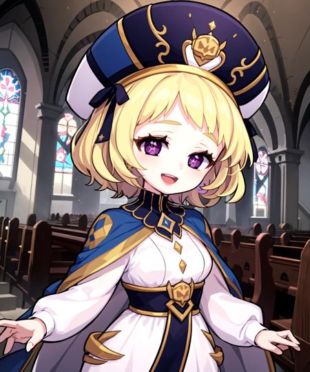 masterpiece, best quality, <lora:Vero768V1:0.7>, 1girl, verogt, blonde hair, short hair, blue hair ribbon, purple eyes, star-shaped pupils, pom pom earrings, hat, blue headwear, cloak, white dress, long sleeves, smile, open mouth, looking at viewer, upper body, indoors, church, <lora:GT640V1:0.5>, chibi