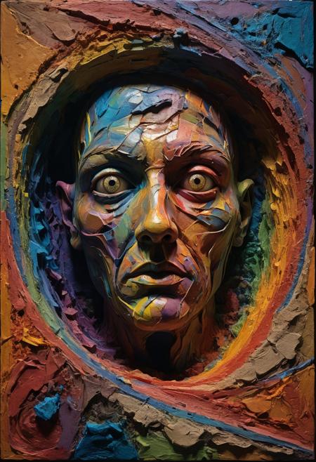 Mixed media, abstract expressionist sculpture, vibrant hues, hypnotic spiral, hypnotic gaze, shadowy abyss, overwhelming sense of wonder: A half-buried, gargantuan sculpture of a human face emerges from a canvas, its eyes locked in a hypnotic spiral. The surrounding canvas is a chaotic mix of vibrant hues, giving the viewer the sensation of being pulled into a dizzying, wondrous abyss