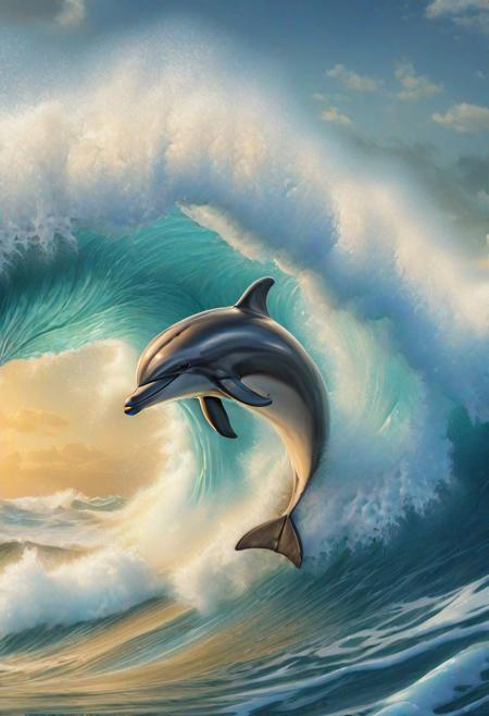 dolphin on the crest of a foamy wave, 
ultra-realistic digital painting, 
golden ratio. All details are clearly drawn, 
wave, 
dolphin, 
eyes, 
foam