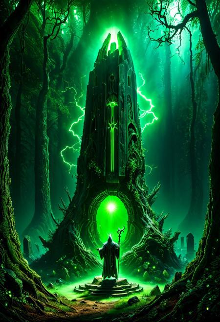 Enter a realm forsaken by the gods, a necrotic wood where the very air reeks of decay and rot. Twisted, gnarled trunks claw at the sanguine sky, their grasping branches like the skeletal fingers of long-dead sorcerers. Mist swirls between the boles, clinging to the earth like a burial shroud.
Shattered monuments to forgotten deities dot the forest floor, their crumbling stones covered in lichen and mold. Bone fragments, bleached white and picked clean, lay scattered among the detritus, mute testimony to unspeakable rites conducted in ages past.
At the heart of this blighted clearing rises a dais of obsidian, polished smooth as if by the touch of a thousand year's worth of worshippers. Upon its altar-top surface, a pulsating organ of indeterminate origin throbs with an eerie, otherworldly beat. Veins of sickly green light race across its surface, converging at a central node that seems to suck the very essence from the surrounding woods.
Before this profane offering kneels a robed figure, cowled and inscrutable.
sci-fi, alien-worlds, eeriness, futuristic, outer-space, science-fiction, alien-themed, extraterrestrial, cosmic, otherworldly, mysterious, 
concept-art, adventure, fantasy, whimsy, dreaminess, digital, illustration, magic, 
beautiful, painterly, textural, artistic, aesthetic, 
intricate details, highly detailed, ultra-detailed, absurdres, vivid, vibrant, volumetric lighting, 
Necron,, electricity, green glow, green theme,, aid291, midjourneyv6.1, ais-particlez