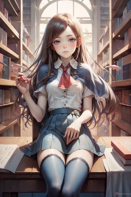 (masterpiece, best quality:1.2), <lyco:castlevania_aulin-11:1.0>, solo, 1girl, charlotte aulin, expressionless, closed mouth, looking at viewer, sitting, chair, ascot, capelet, skirt, blue thighhighs, indoors, library