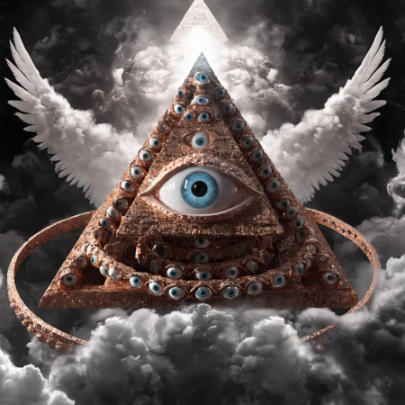 seraphins, a mystical creature with hundreds of eyes and wings with the shape of a pyramid, surrounded by 2 layers of rings full of eyes, eerie, horror, background angelic clouds, sunlight <lora:Seraphins1.0-000038:0.8>