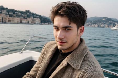 raw photo, (average height 24yo man:1.1), accessories, realistic skin texture, (red:0.8), warm lighting, cosy atmosphere, instagram style, onlyfans, looking at camera seductively, casual, candid, daytime shot on a boat on the french riviera, authentic happy face, beautiful anatomy, 4k, beautiful face, sfw, beautiful hands and fingers, bokeh, breasts not showing, sensual outfit with flamboyant colors