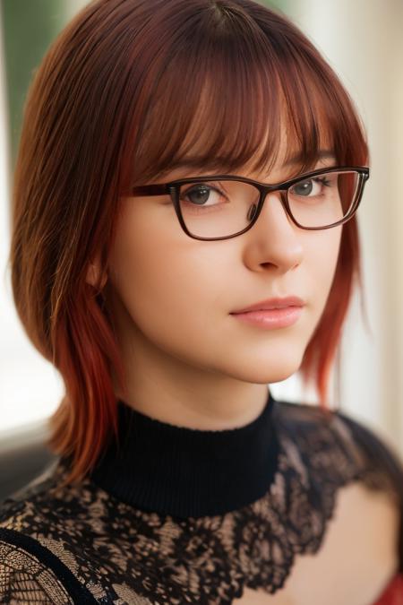 ((best quality)),absurdres,(ultra high res),(photorealistic:1.6), octane render,(hyperrealistic:1.2), (photorealistic face:1.2), a woman, red sweater, black skirt, thighhighs, long hair, glasses, bangs, sitting, looking at viewer, naughty face, perfect female body, (realistic:1.7), (8k), (Masterpiece), (realistic skin texture), (soft lighting),(beautiful eyes:1), photorealistic, realistic, solo, looking_at_viewer, hyper realistic photograph, masterpiece, best quality, vibrant background, shot on Canon, detailed skin, sharp focus, highly detailed, film grain