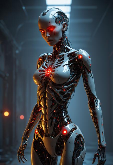 Beautiful female cyborg, part machine and part human, glowing red eyes, full-length image, cinematic photography, golden cobweb, majestic, awesome, inspiring, closeup, smooth, atmospheric haze, cinamatic composition, soft shadows, national geographic style, neon glow, extremely detailed