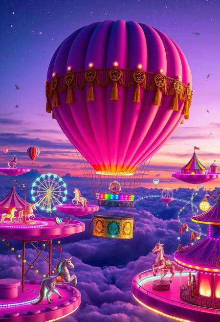 Imagine a surreal carnival floating in the sky, where gravity is merely a suggestion and everything is infused with vibrant colors. The scene is set at twilight, the sky a gradient of deep purples and fiery oranges, transitioning into a midnight blue sprinkled with twinkling stars. Floating islands of cotton candy pink and electric blue hover in mid-air, connected by swirling rainbow bridges made of pure light. On each island, whimsical carnival rides come to life: a Ferris wheel made of glowing, translucent bubbles, a roller coaster twisting and looping through the clouds, and a carousel where the horses are fantastical creatures—unicorns with shimmering, iridescent manes, and dragons with scales that glimmer in every color of the rainbow.
The air is filled with confetti and glowing orbs of light that drift lazily around, while laughter and playful music echo through the space. In the center of it all, a colossal, candy-colored hot air balloon, adorned with golden tassels and shimmering sequins, gently bobs up and down, its basket overflowing with colorful, oversized balloons and streamers. The scene is filled with vibrant hues—neon greens, electric blues, radiant pinks, and glowing yellows—all blending together in a harmonious display of color and light. The overall atmosphere is one of pure joy and wonder, as if stepping into a dream where anything is possible, and fun is the only rule.
