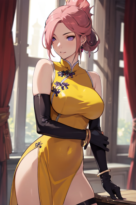 MarilynSue, 1girl, solo, yellow china dress, elbow gloves, chinese clothes, bare shoulders, pink hair, folded ponytail, jewelry, large breasts, purple eyes, earrings, thigh strap, side slit, bracelet, black gloves, hair over one eye, 