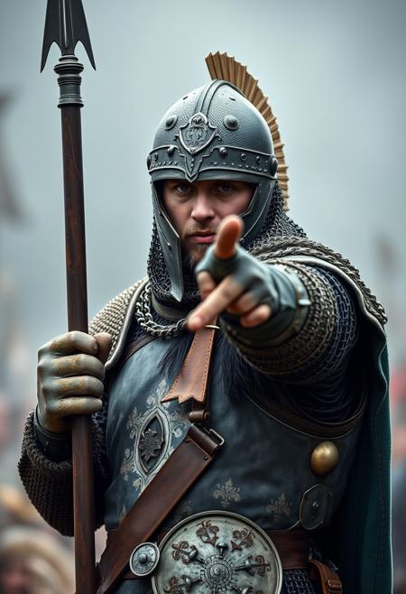 A Photo a medieval russian man in a helmet and chainmail armor, pointing towards while holding a spear.
Medieval style, random background