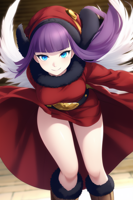 Windy Upskirt, Muu Shuwuu, purple hair, white hair, two-tone hair, hair wings, blunt bangs, long hair, brown mittens, brown boots, white pantyhose, black fur trim, black fur collar, red coat, gold belt, blue eyes, red hat, long sleeves, smile