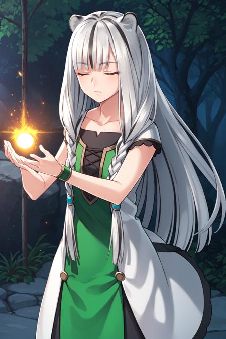 1girl, closed eyes, white hair, two-tone hair, tiger ears, tiger tail, white dress, multicolored dress, green dress, short sleeves, cross-laced, black skirt, twin braids, low twin braids, hair ornament, bracelet, black footwear