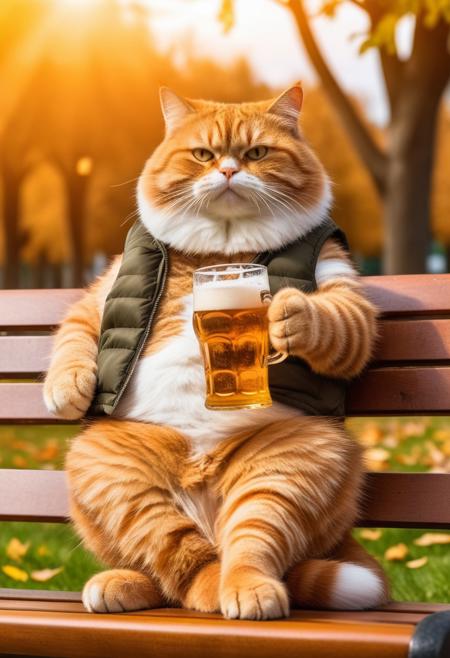 anthropomorphic Fat chubby ginger cat sitting on park bench and drinking beer in park, holding beer bottle with paw, dynamic angle, warm hues, realistic, photorealism, hd, 8k, high definition, BREAK, score_9, score_8_up, score_7_up, score_6_up