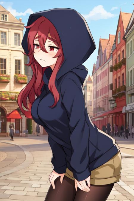 Nachiroux, red eyes, long red hair, half-closed eyes,  bored, solo, 
Colbert,long sleeves, black hoodie, hood up, shorts, pantyhose, brown shoes, 
fantasy, in town square,  morning, 
(insanely detailed, beautiful detailed face, masterpiece, best quality),
 <lora:Nachiroux:0.7>