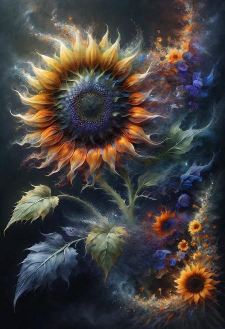 [Red, orange, yellow, green, blue, indigo, violet] sunflower_painting, [realistic_floral_elements:0.65],(composition{[fractal_landscape_with_floral_elements] [organic_flow_of_spirals_and_swirls:1.25]}),(lighting{[soft_ambient_lighting_enhancing_fractal_details]}),(style{[intricate_details] [vibrant_color_palette]}),(mood{[harmony_of_nature_and_geometry] [serene_and_dynamic_atmosphere]}),(quality{[high-resolution_detailed_fractal_patterns] [realistic_floral_elements] [smooth_transition_of_cloud_waves]}) hyperdetailed Northern Lights background