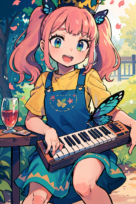 ((best quality)),((world masterpiece)),((illustration)),beautiful detailed,colourful,extremely detailed 8K wallpaper,finely detailed,dramatic light,intricate details, ((ultra-detailed)),
1girl, :d, accordion, bangs, blue_butterfly, blunt_bangs, blurry, blurry_foreground, bug, butterfly, butterfly_on_head, crown, cup, day, dress, drinking_glass, eyebrows_visible_through_hair, flower, green_dress, green_eyes, head_tilt, instrument, light_particles, light_rays, long_hair, looking_at_viewer, low_twintails, mini_crown, music, open_mouth, outdoors, petals, pinafore_dress, pink_hair, plate, playing_instrument, shiny, shiny_hair, shirt, sitting, sleeves_past_elbows, smile, solo, streamers, sunbeam, sunlight, table, twintails, yellow_shirt