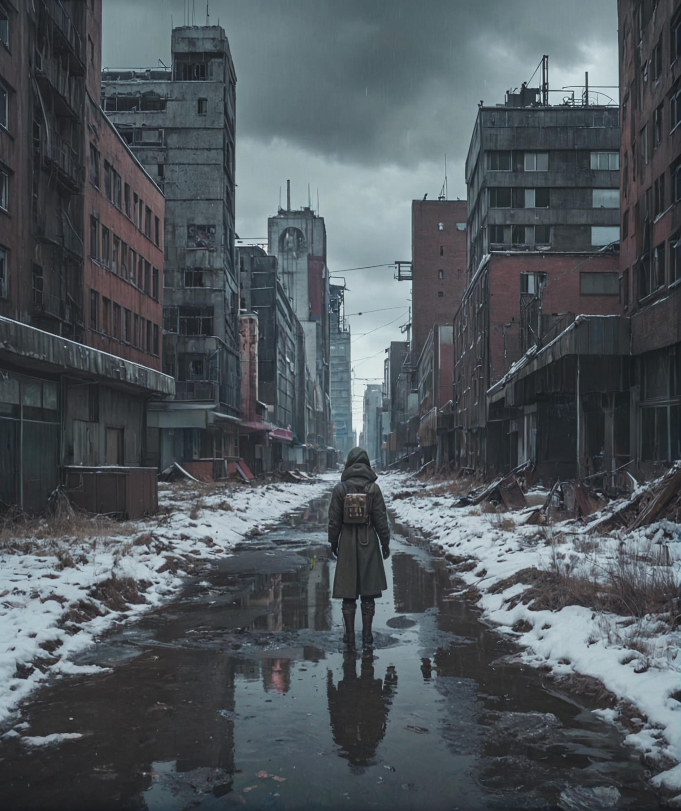 A person walking down a flooded street in a city.