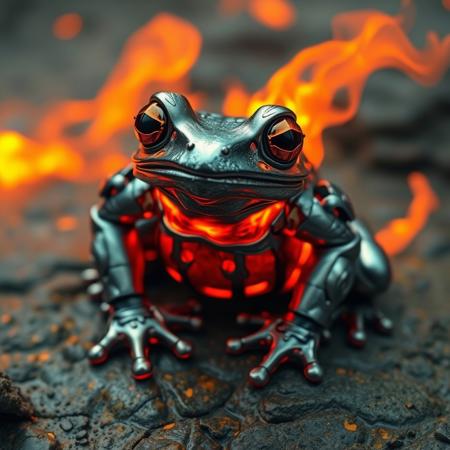 frog from hell, frog made of steel, armor, hell frog, fire, lava, magma