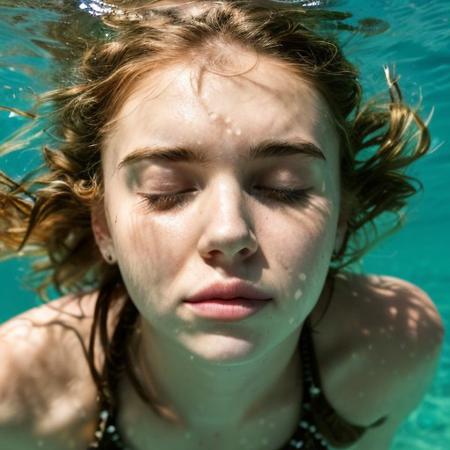 Candid photo of a young woman, underwater, age 20, wearing bikini, closed eyes and dreaming expression, upper body visible, on a sunny day underwater, shot on a Canon EOS 5D with a 50mm lens, in the style of Alberto Seveso., (masterpiece, best quality, hires, high resolution:1.2, 4k, 8k , high quality), extremely detailed, realistic, intricate details, highres, <lora:Kiiira_set2_V3_reg:1>