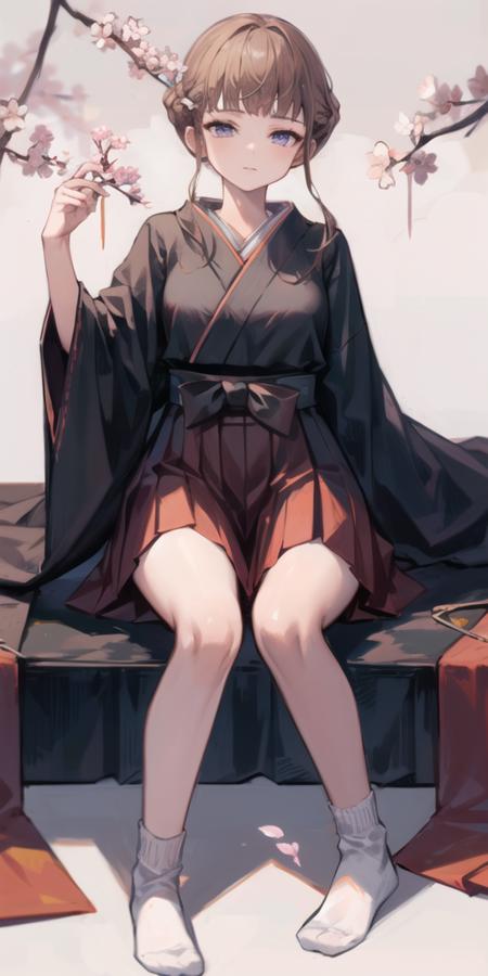 manaka nemu, 1girl, blunt bangs, branch, flower, hakama, hakama skirt, half-closed eyes, holding, holding branch, japanese clothes, long hair, looking at viewer, miko, no shoes, plum blossoms, purple eyes, red skirt, sitting, skirt, solo, tabi, white legwear, socks, bangs, red hakama, blue eyes, cherry blossoms, brown hair, wide sleeves, petals, kimono, white socks, white kimono, <lora:nemu_v1:1>