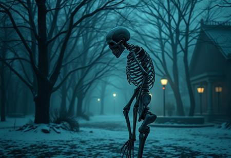 "Create a highly detailed, grimdark cyberpunk skeleton scene. The skeleton, long and skinny, is inspired by Ernő Rubik and Kristian Kreković, with undead skin texture in cold hues. Set in a Soviet yard within a spooky mansion park. Consider Denis Villeneuve and Greg Rutkowski's styles, with a right-hand view and smooth, fractal lines. Aim for a 4K or 8K, photorealistic, high-definition image, trending on ArtStation."